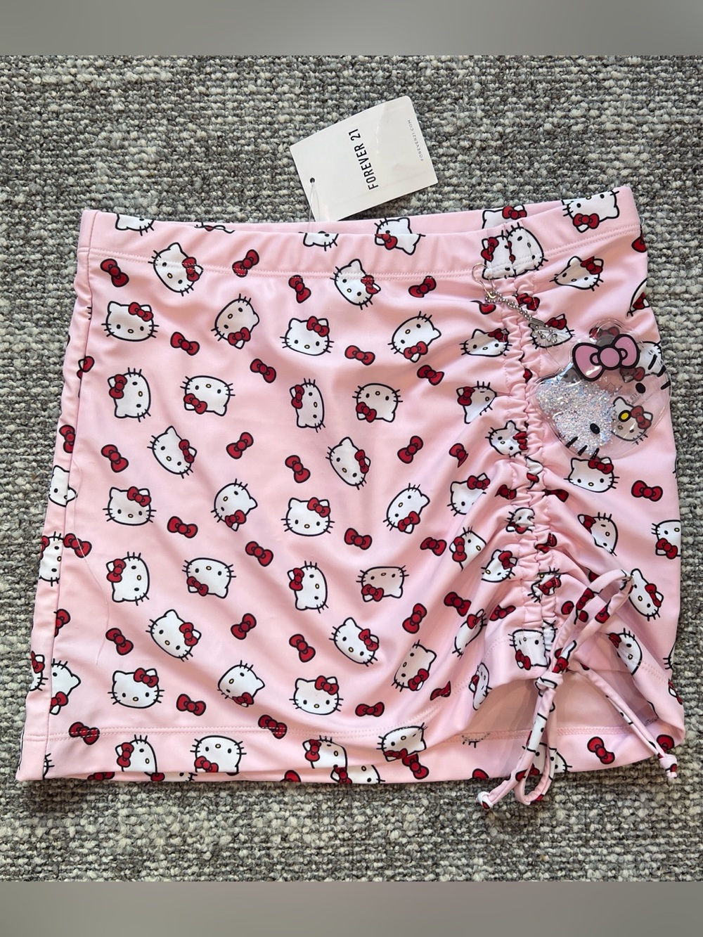 Hello Kitty Pink Ruched Drawstring Swim Coverup Skirt with Red Bow Accents